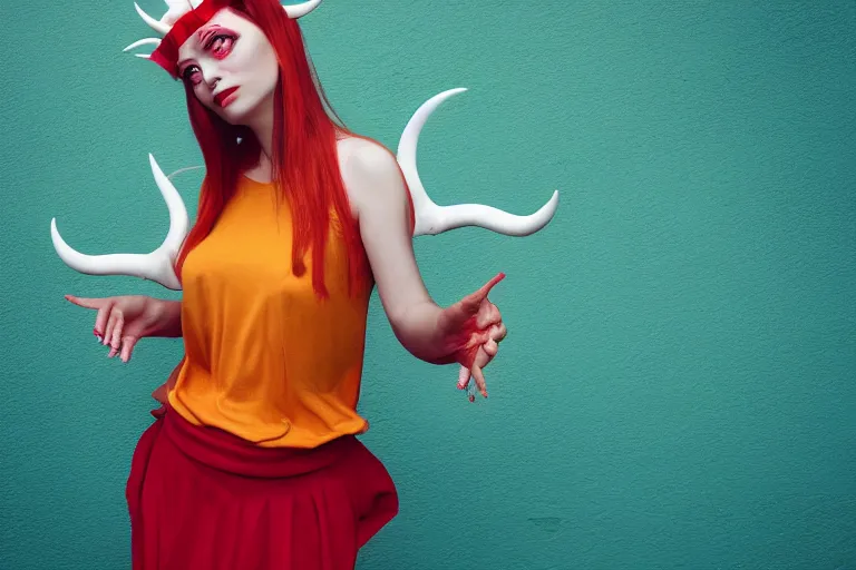 Image similar to pretty demon girl with horns photograph in the style of clemens ascher, colorful, realistic, 8 k