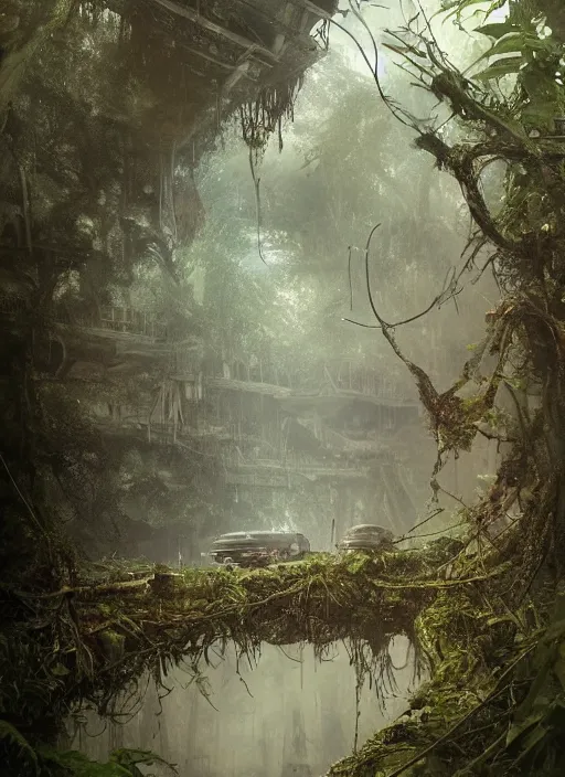 Image similar to decayed aircraft carrier USS Nimitz laying on the ground overgrown with vegetation and hanging vines, post apocalyptic, tropical forest, by Luis Royo, by Greg Rutkowski, low angle shot, dark, gritty, intricate, cover illustration, concept art, volumetric lighting, volumetric atmosphere, sharp focus, octane render, trending on artstation, 8k