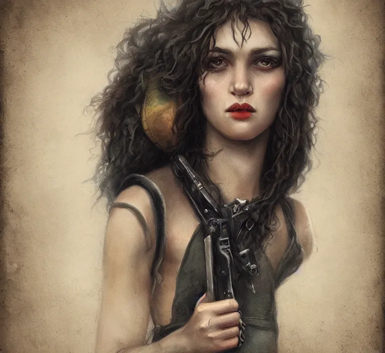 Image similar to a rugged female marine in the style of tom bagshaw