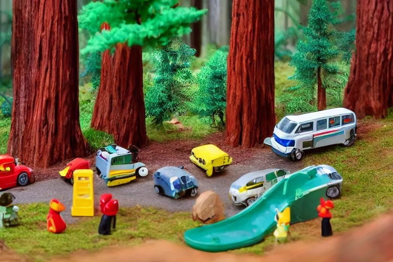 Image similar to fisher price redwood forest, california scene from tv show 5 5 mm 8 5 mm, toy photography, made out of plastic