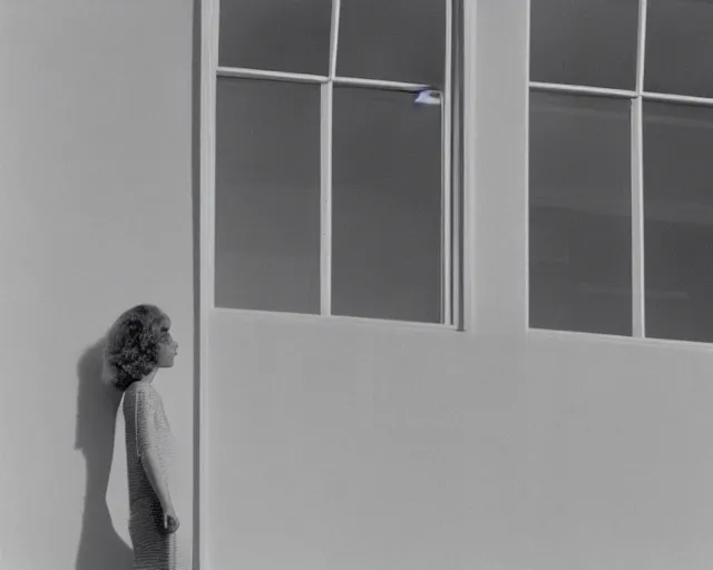 Image similar to a still of a woman standing behind a huge minimalist white balcony, outside view, clear sky, minimalist composition, music video Wrapped Around your Finger (1983)