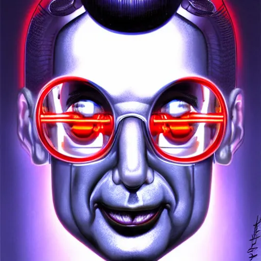 Prompt: Portrait of pee-wee herman as a chrome cyborg, highly detailed, digital painting, artstation, concept art, illustration, dramatic lighting, art by hajime sorayama