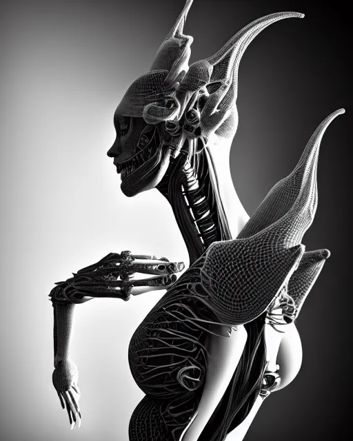 Image similar to a black and white 3D render of an elegant full figure young female angelic-dragon-cyborg with a very long neck, Mandelbrot fractal, anatomical, flesh, facial muscles, veins, arteries, full frame, microscopic, highly detailed, flesh ornate, elegant, high fashion, rim light, 150 mm lens, octane render in the style of H.R. Giger and Man Ray, Realistic, Refined, Digital Art, Highly Detailed, Cinematic Lighting, rim light, photo-realistic Unreal Engine, 8K