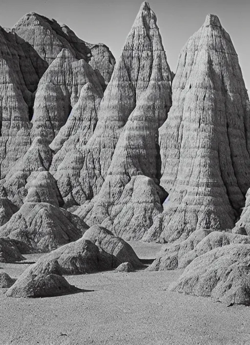 Image similar to Badlands rock formations protruding out of lush desert vegetation, albumen silver print by Timothy H. O'Sullivan.