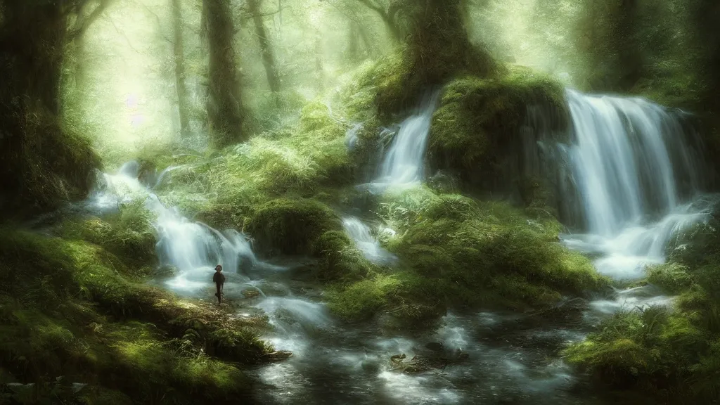 Prompt: a tiny waterfall in the dark forest. andreas achenbach, artgerm, mikko lagerstedt, zack snyder, tokujin yoshioka