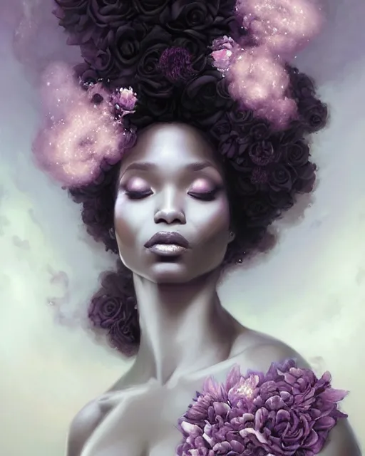 Prompt: Beautiful ebony priestess wrapped in white silk and flowers, black mauve smoke swirling, astral beauty portrait by artgerm, peter mohrbacher, deviantart