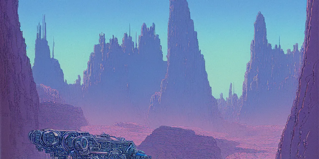 Image similar to grainy risograph matte painting of gigantic huge mech with huge swords, pastel matte colors, staying in the toxic blue canyon, by moebius, hyperrealism, intricate detailed