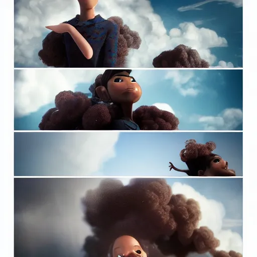 Image similar to stunning, coherent, impressive, detailed still of super black a family flying in clouds, follow shot, 3d, in the style of pixar, comic book style, 3d, highly detailed, sharp focus, bokeh, depth of field, 16k resolution, Unreal Engine 5, coherent, cinematic lighting, photorealistic, by Zhang Jingna