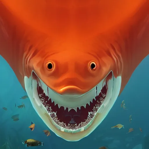 Image similar to orange and white traffic cone great white shark eyes and teeth teeth teeth teeth teeth, tyre mark, wide shot, underwater background detailed atmospheric - ron cheng & alphonse mucha, highly detailed, digital painting, ray tracing, concept art, illustration, smooth sharp focus, intricate, symmetry, artstation,