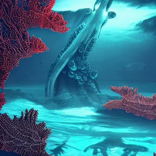 Prompt: underwater view of a strange alien world, some washed out red and green plant life, giant leviathan swimming far in the background, deep blue sea color, artstation, cinematic angle, cinematic and dramatic lighting