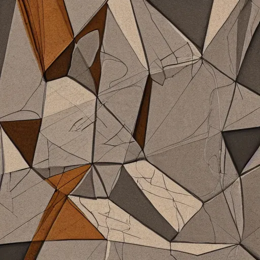 Image similar to masterpiece abstract intricate painting of detailed multiple layers of rocky material along a planer surface. highly geometric with loose sketch lines slanting down. isometric angles. beautiful use of light and shadow to create a sense of a stony landscape. using architectural brushwork and a rich earthy color palette, providing a mathematical rough sketchy look.