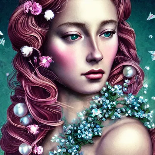 Prompt: beautiful, young woman, in renaissance times, detailed gorgeous face, sad eyes, in her hair, vaporwave aesthetic, synthwave long luxurious gown made out of pearls, hair was done up with flowers and ribbons, digital art, flowers, butterflies, birds, digital painting, artstation, concept art, smooth, sharp focus, illustration, art by artgerm and greg rutkowski and alphonse mucha
