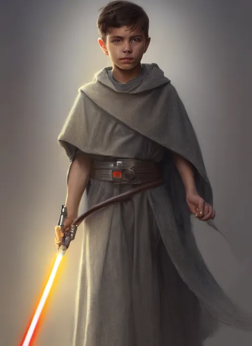 Image similar to perfectly - centered - portrait of a kid wearing grey cloak holding light saber, intricate, highly detailed, digital painting, artstation, concept art, smooth, sharp focus, illustration, unreal engine 5, 8 k, art by artgerm and greg rutkowski and alphonse mucha