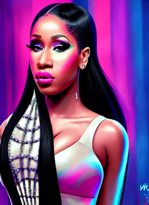 Image similar to nicki minaj wants to kiss cardi b, evangelion, au naturel, hyper detailed, sharp focus, bokeh, depth of field, digital art, trending in artstation, cinematic lighting, studio quality, smooth render, unreal engine 5 rendered, octane rendered, art style by klimt and nixeu and ian sprigger and wlop and krenz cushart