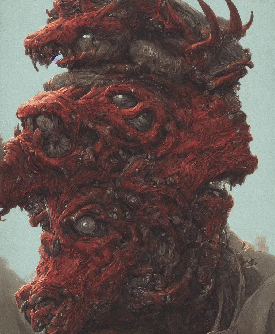 Image similar to bust portrait close up devil, illustrated by Simon Stålenhag and Gaston Bussiere, intricate, ultra detailed, photorealistic, trending on artstation