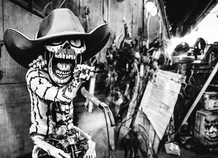 Prompt: a photo of an enraged angry skeleton in a cowboy costume shouting into a microphone in a dirty old garage filled with radio equipment and piles of beer cans