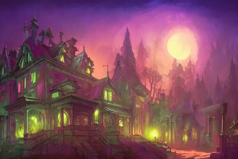 Image similar to matte painting, haunted mansion, infographic with illustrations!!!, glowing lights, epic fantasy, colorfully, digital art, highly saturated colors, concept art, detailed illustration, hd, 4 k, digital art, greg rutkowski, dan mumford, studio ghibli trending on artstation