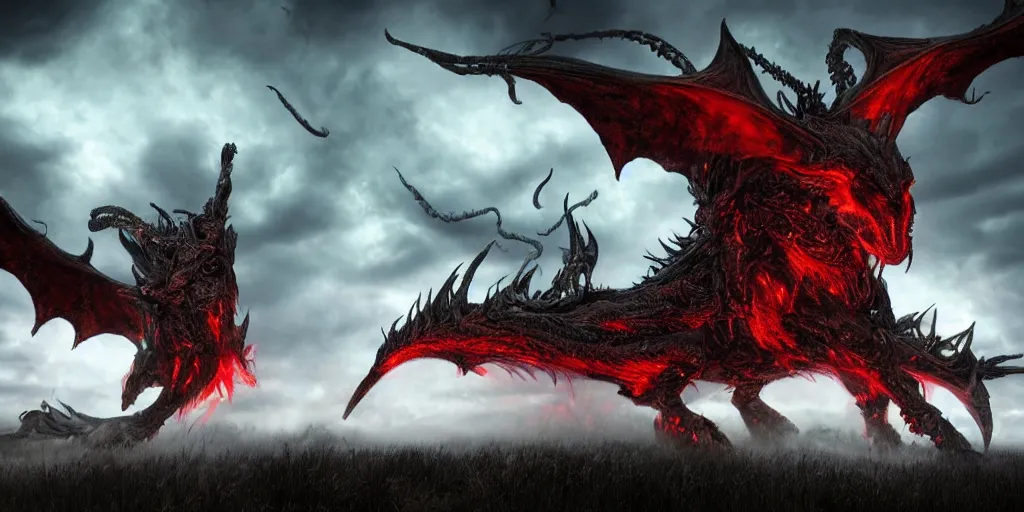 Image similar to A beautiful and very detailed photo of a huge lich dragon with wings spread out in a night of storm clouds and red lightning streaking down from the sky. He has large circular horns like those of a bighorn ram, red eyes, and a few pieces of his flesh missing or torn, and green smoke coming from his dark greenish body, majestic, exalted, elegant, epic, 4k, 8k, trending on Artstation, digital art