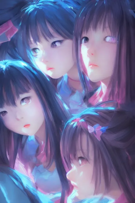 Prompt: 3d infrared octane render concept art by Mo Xiang Tong Xiu, by Igarashi Daisuke, by makoto shinkai, cute beauty cozy portrait anime schoolgirls under dark pink and blue tones, mirror room. light rays. water bellow. pretty realistic face. big and sad eyes. dramatic light, trending on artstation, oil painting brush