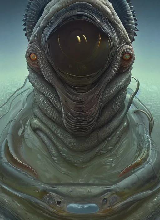 Image similar to wide angle shot of slimy mollusk as elon musk, anthropomorphic character, drool, concept art, intricate, elegant, highly detailed, digital painting, artstation, wallpaper, smooth, sharp focus, illustration, art by giger and artgerm and greg rutkowski and alphonse mucha