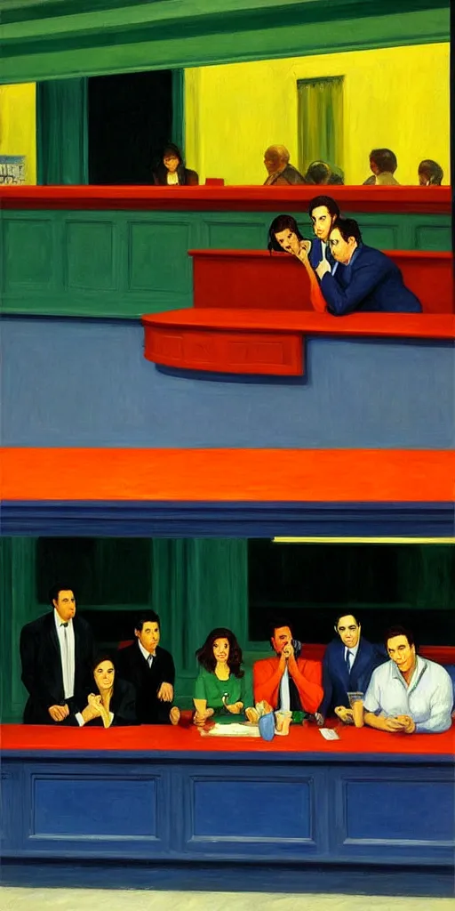 Prompt: seinfeld cast painting by edward hopper in style of nighthawks oil painting