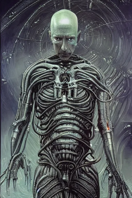 Image similar to jeff bezos as a filthy alien invader with a laser weapon, photorealistic, cinematic lighting, highly detailed, very intricate, by hr giger