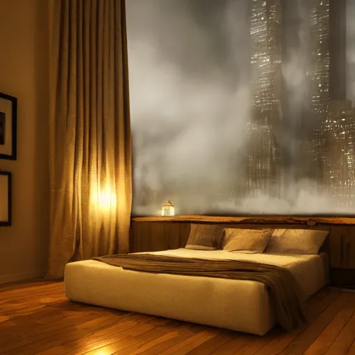 Prompt: cozy rustic bedroom with a night view of new york in heavy mist, highly detailed, artstation, concept art