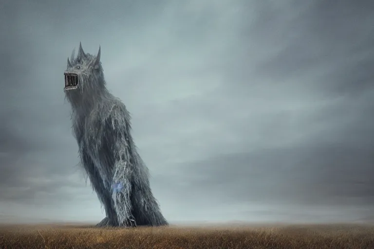 Prompt: a giant terrifying monster made out of detailed fur, standing faraway in the far distance, realism, photo realistic, high quality, misty, hazy, ambient lighting, cinematic lighting, studio quality, scary,