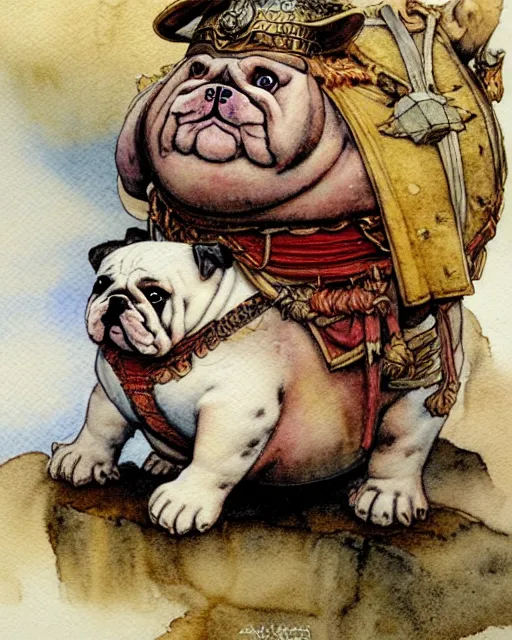 Prompt: a realistic and atmospheric watercolour fantasy character concept art portrait of a fat adorable chibi bulldog roman soldier in a roman temple, by rebecca guay, michael kaluta, charles vess and jean moebius giraud