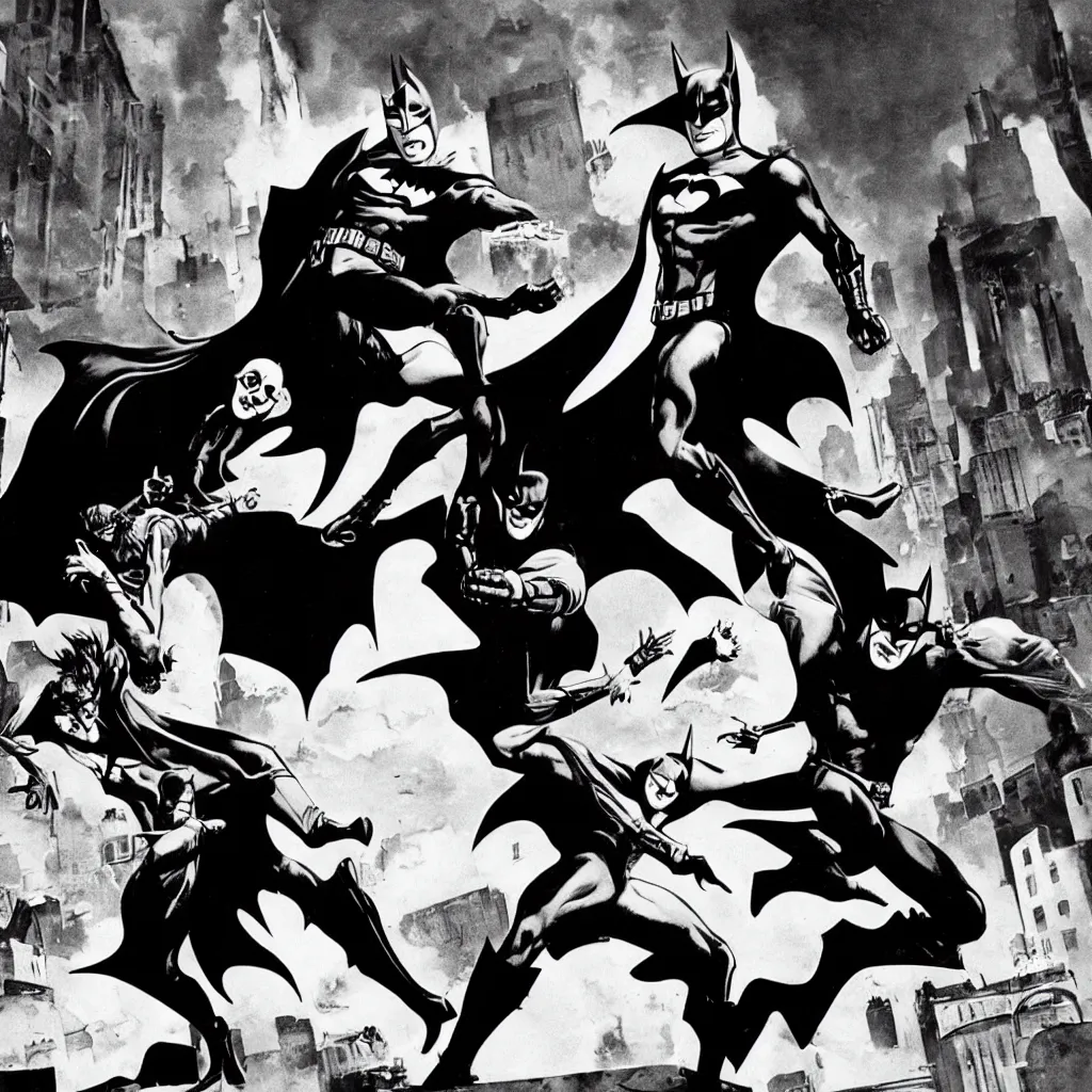 Image similar to Batman chasing the Joker, a still from the Batman (1966) television series