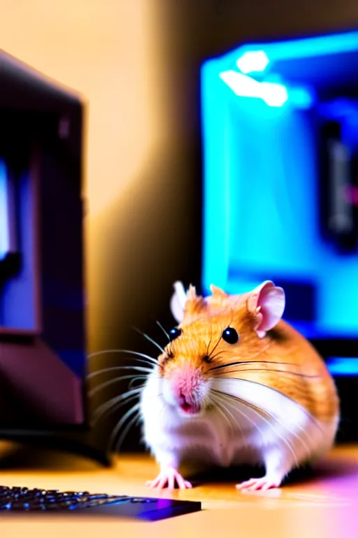 Image similar to a hamster using a gaming pc, 8 k, award winning photograph, portrait, detailed face, highly - detailed