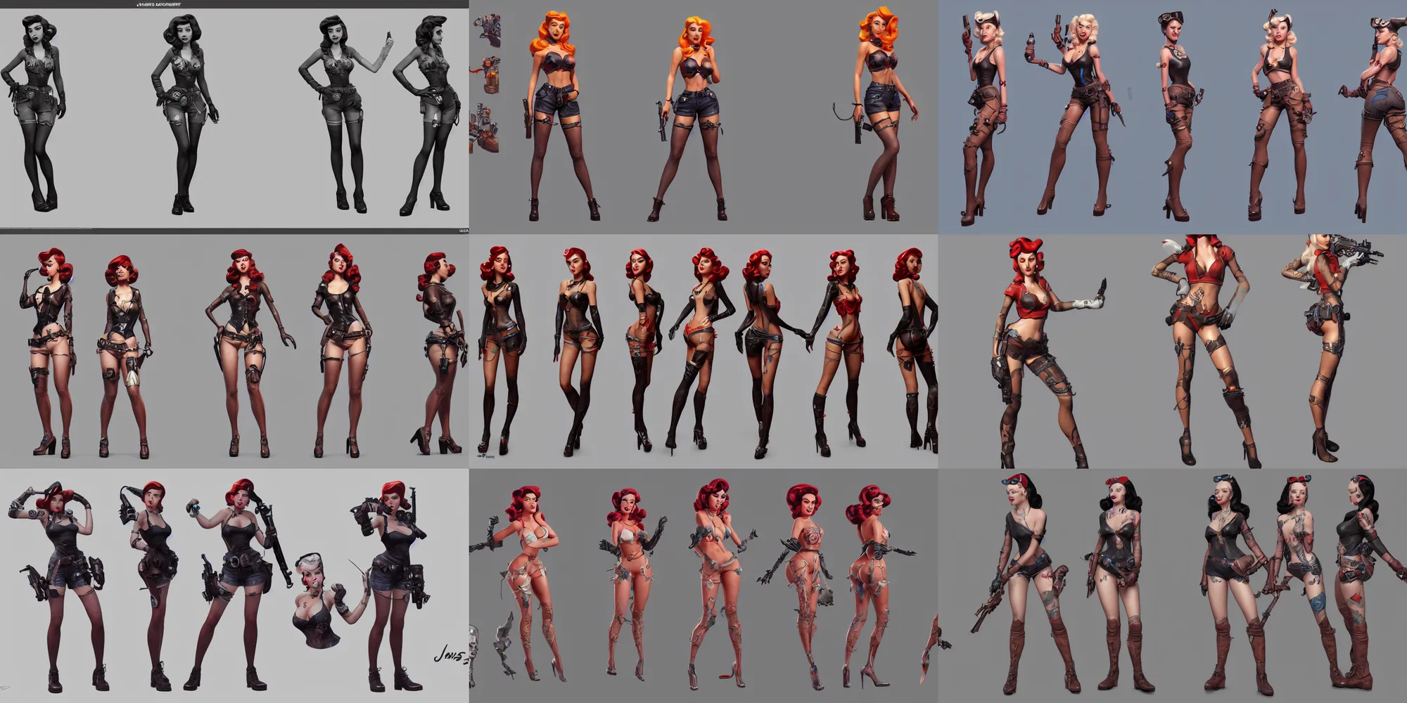 Prompt: character sheet of badass pin up girl, by james jean, riot games, 3 d, unreal engine 5, trending on artstation