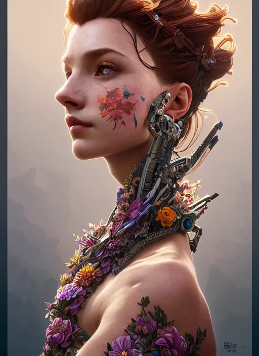 Image similar to symmetry!! portrait of floral! horizon zero dawn machine, intricate, elegant, highly detailed, digital painting, artstation, concept art, smooth, sharp focus, illustration, art by artgerm and greg rutkowski and alphonse mucha, 8 k