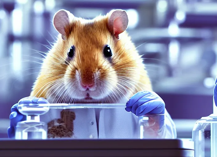 Image similar to film still of a hamster working in a research lab filling test tubes, 8 k