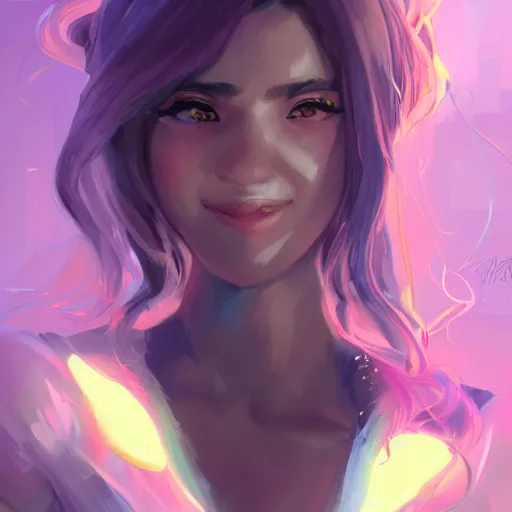 Image similar to portrait of valorant character called Tala Nicole Dimaapi Valdez, valorant character Neon, beautiful, smiling, by guweiz and loish