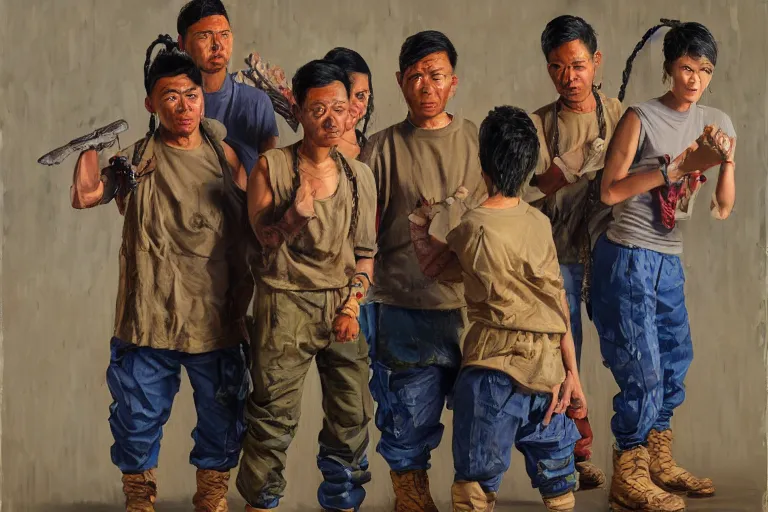 Prompt: palette knife oil painting of the underhand naga gang, a mixed asian gang who wear cargo or cami pants, work boots, and light navy jackets over beige shirts. they wrap their hands in rope and wield smg - tonfa hybrids. extreme detail, artstation trending, artgerm, deviant art, octane, substance, art history 8 k