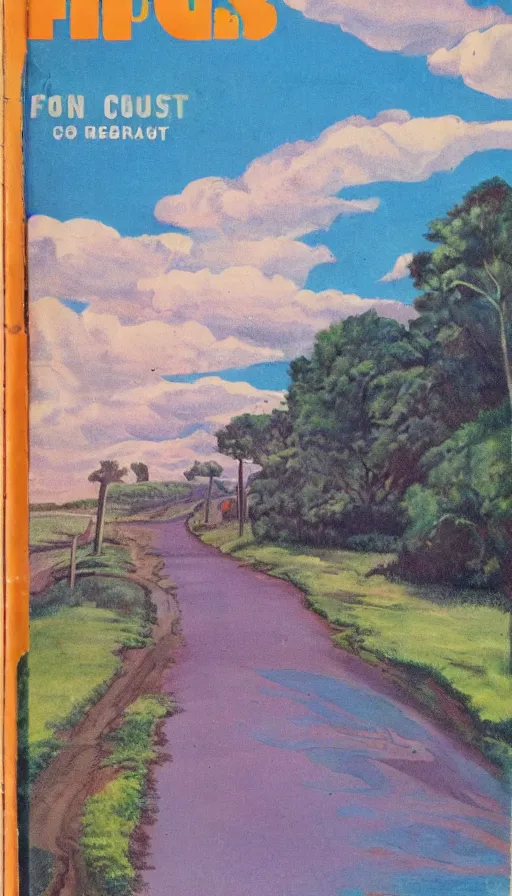 Prompt: paperback book cover. 1 9 5 0 s. pure colors, melting clouds, accurately drawn details, a sunburst above a receding road with the light reflected in furrows and ruts, after rain. and no girls.