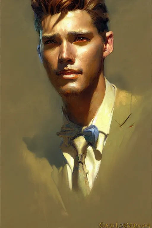 Prompt: attractive man, painting by gaston bussiere, craig mullins, j. c. leyendecker, ghibli style