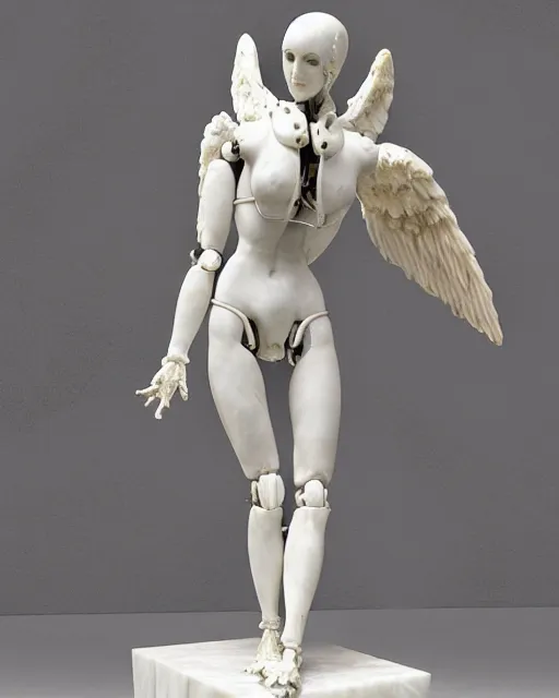 Image similar to marble sculpture of female angel with solarpunk mecha humanoid robotic parts with bright led lights, pudica pose gesture, by michelangelo, in white room, ultra - realistic and intricate, hdr 8 k