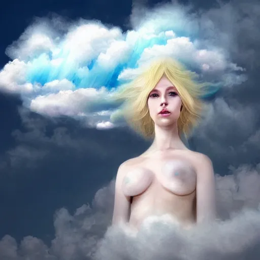 Image similar to goddess wearing a cloud fashion on the clouds, photoshop, colossal, creative, albino skin, giant, digital art, photo manipulation, clouds, covered in clouds, girl clouds, on clouds, covered by clouds, airplane in the sky, white hair, digital painting, artstation, impressionism