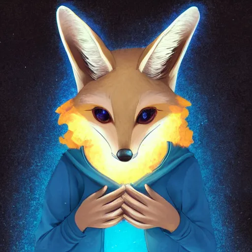 Image similar to furaffinity furry art of an anthro fennec character holding fireballs and wearing a blue sweatshirt, digital painting, detailed, cute, big intelligent eyes