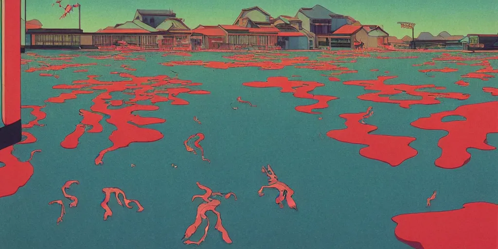 Image similar to electric cats that fly over ice, a lot of tv screens around, shrimps are all over the ground, acid and dreaming psychedelic hallucinations, by kawase hasui, moebius and edward hopper, colorful flat surreal design, hd, 8 k, artstation