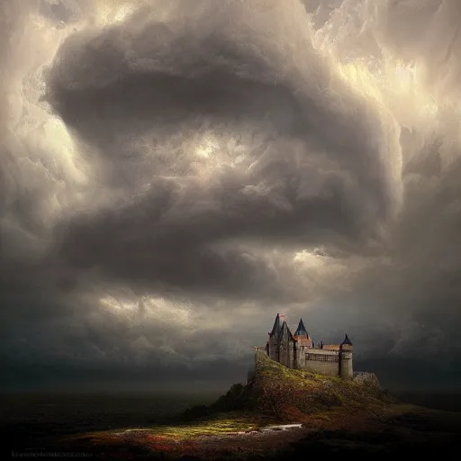 Image similar to a beautiful painting of a castle by Michal Karcz, featured on artstation, breathtaking clouds, thunderstorm, lighting study