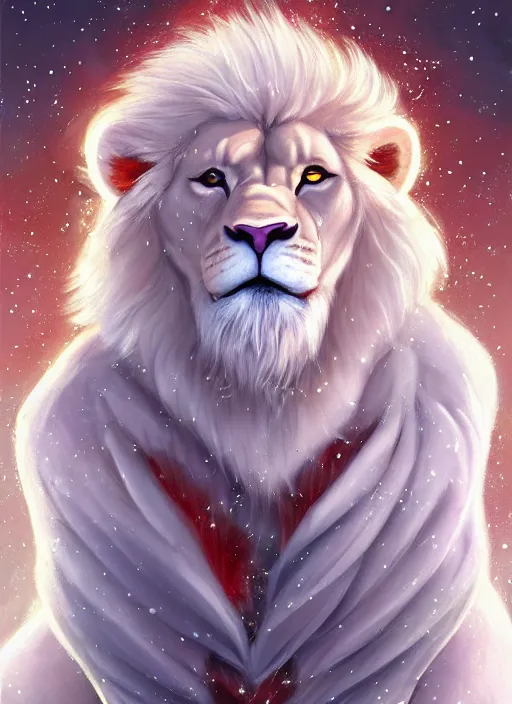 Image similar to award winning beautiful portrait commission of a male furry anthro albino lion with tattoos on his muscular belly with a beautiful hyperdetailed attractive outfit and face wearing a golden and red winter cozy outfit with red background and white snow falling around lion. Character design by charlie bowater, ross tran, and makoto shinkai, detailed, inked, western comic book art