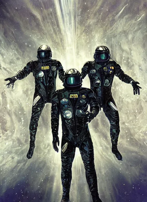 Image similar to astronauts in dark void underwater - complex and hyperdetailed technical suit. reflection and dispersion materials. rays and dispersion of light. volumetric light. f / 3 2. noise film photo. flash photography. ultra realistic, wide angle. poster by wayne barlowe, hajime sorayama aaron horkey, craig mullins