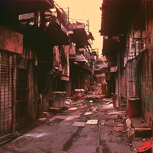 Prompt: wideangle view of an alley in kowloon walled city, dirty, decaying, golden hour, cinestill, art by syd mead