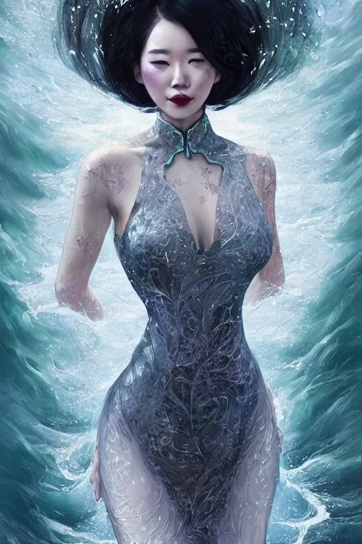 Prompt: portrait of a beautiful woman wearing a cheongsam dress, drenched body, silver hair, emerging from the water, dark fantasy, regal, fractal crystal, fractal gemstones, by ross tran, stanley artgerm lau, thomas kindkade, loish, norman rockwell