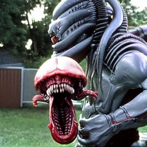 Image similar to drooling smooth xenomorph from the movie aliens IV with a small wet dog in its mouth. Suburban backyard. Production photograph from horror sci-fi film.