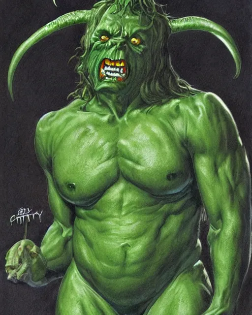 Image similar to green sad devil by glenn fabry, hyperrealism