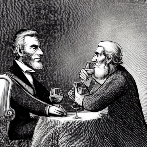 Prompt: Abraham Lincoln and Gandalf drinking wine